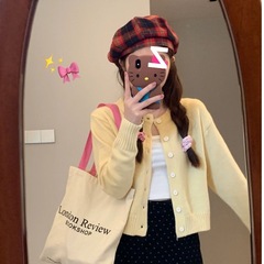 奶黄色短款软糯针织开衫女2025早秋季新款韩系小个子慵懒毛衣外套
