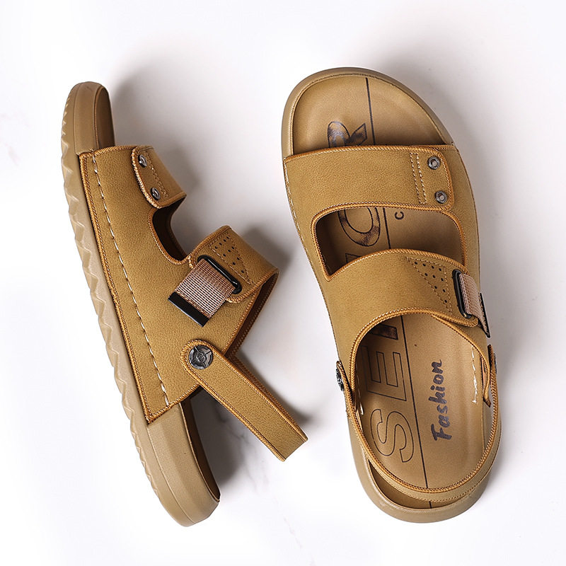 Dép sandal nam quai ngang đế mềm đi được hai kiểu, thoáng khí chống trượt — 5555 màu kaki, 5555 màu vàng