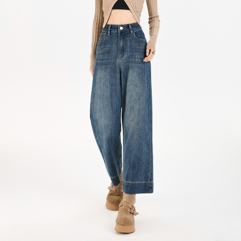 Women's Straight-Leg Jeans, Spring and Summer Wide-Leg Loose Elastic Cropped Pants, High-Waisted Embroidered Slimming Long Pants for Petite Figures