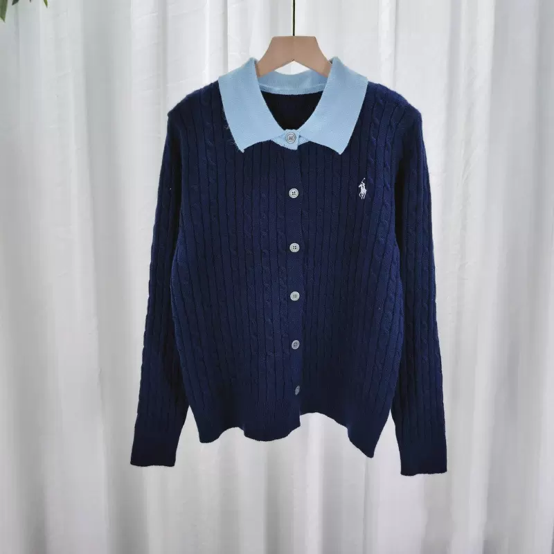 法式小香风时尚百搭拼色秋冬新款~翻领休闲刺绣针织开衫女士开衫