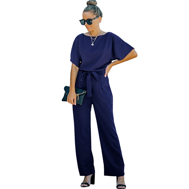 Shiying mujeres europeas y americanas de color sólido mono traje verano nuevo color sólido cintura suelta adelgazamiento pierna ancha mono image 10