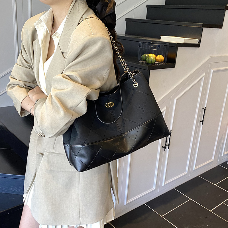 小香风菱格包包女2025新款链条复古拼色菜蓝子包单肩休闲托特包包|undefined
