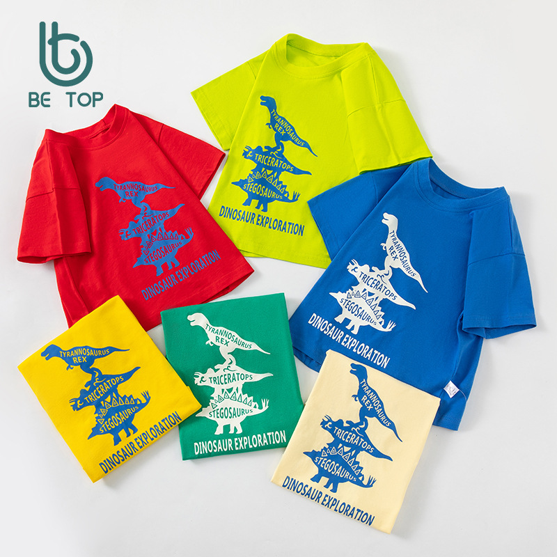 Betop nueva ropa para niños bebé algodón dinosaurio patrón verano para niños cuello redondo camiseta de manga corta Douyin transmisión en vivo