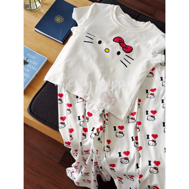 Ilovekitty 短袖长裤睡衣居家服韩系可爱t恤短袖+阔腿宽松长裤|undefined
