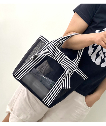 Korean version transparent mesh hollow tote bag hand shopping bag toiletry bag cosmetic bag commuter lunch bag mommy bag
