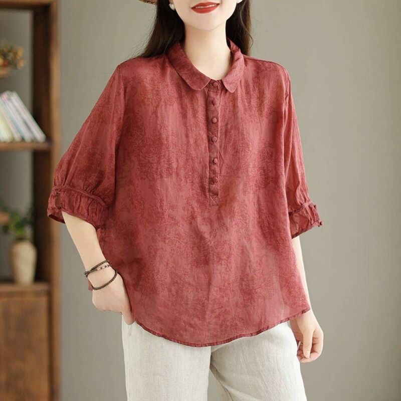 2025 New Fashion Jacquard Lapel Shirt, Stylish Retro Women's Mid-Sleeve Shirt, Slimming and Figure-Flattering Thin Blouse