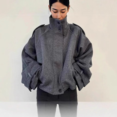 跨境欧美高品质气质灰色立领毛呢外套女士秋冬宽松休闲夹克