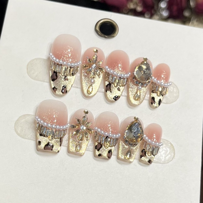 【绯闻千金】纯手工穿戴甲手绘豹纹金沙香槟猫眼轻奢高级款美甲贴|undefined