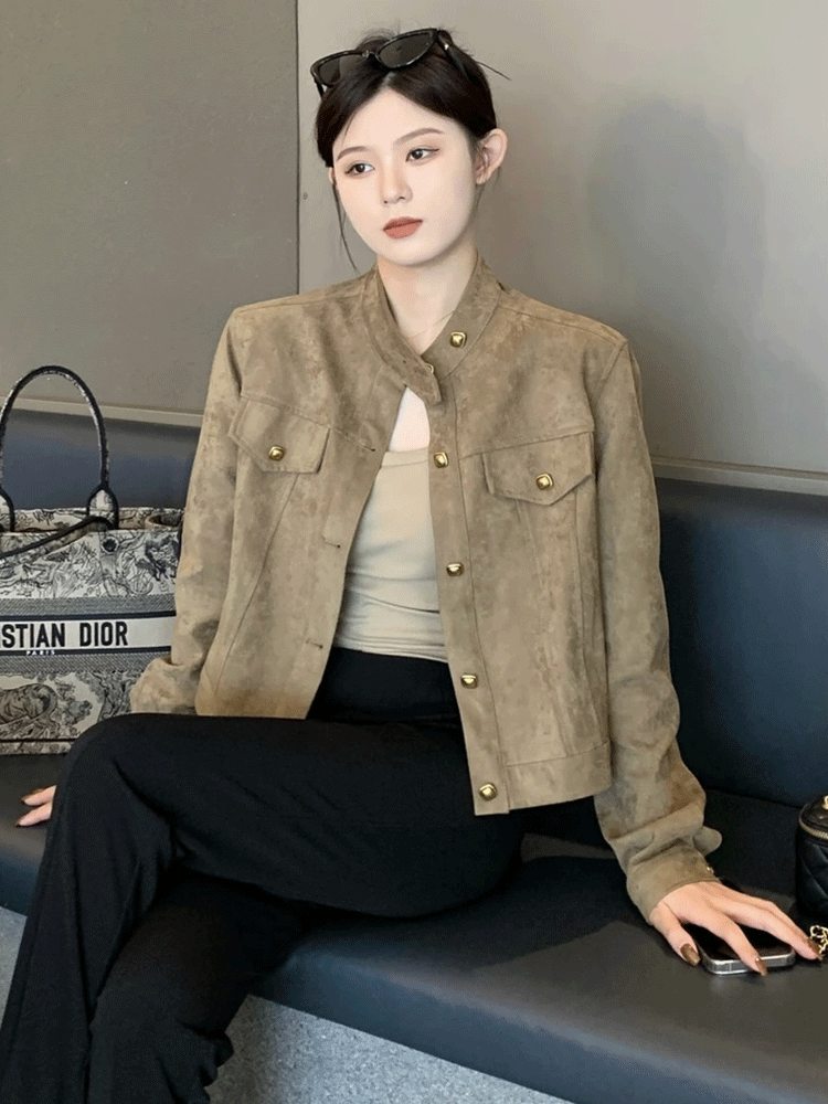仿麓皮夹克衫女复古立领短款秋季新款韩版修身显瘦气质休闲外套潮