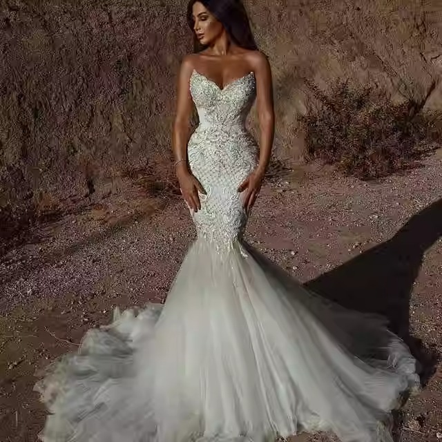AliExpress European and American Bride Wedding Dress Fishtail Wedding Dress Heavy Industry Luxury High-end Fishtail Dress Super Fairy Wedding Dress