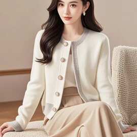 小香风拼色针织毛衣外套女2024秋冬新款韩版洋气减龄软糯开衫上衣