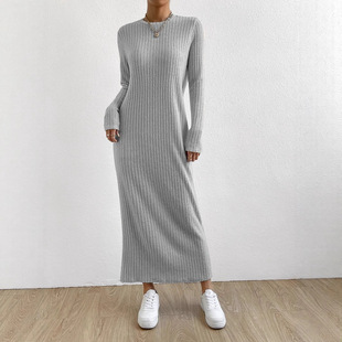 Cross-Border European and American Amazon Dress Casual Round Neck Knitted Long Skirt Women's Autumn and Winter Long-Sleeved Dress