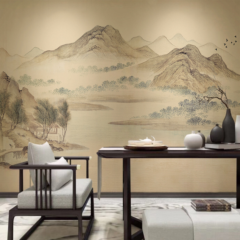 Chinese Ancient Style Ink Landscape Painting Wall Cloth Song Aesthetic Background Wall Wallpaper Elegant Zen Bedroom Study Wall Cloth
