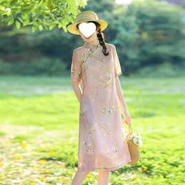 年夏季新款女装复古改良旗袍中式连衣裙气质印花中长裙图片色