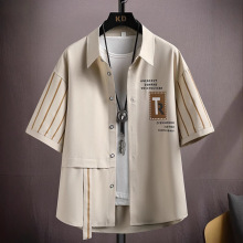 跨境外贸代发男衬衣抖音高品质-复古气质拼接长袖男休闲外搭衬衫