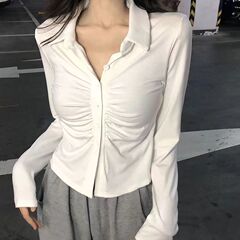 设计感褶皱长袖恤秋季新款修身显瘦小翻领纯欲风打底上衣女