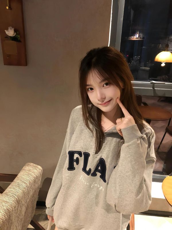 美式复古灰色半拉链翻领卫衣女秋季宽松休闲百搭oversize套头上衣|undefined