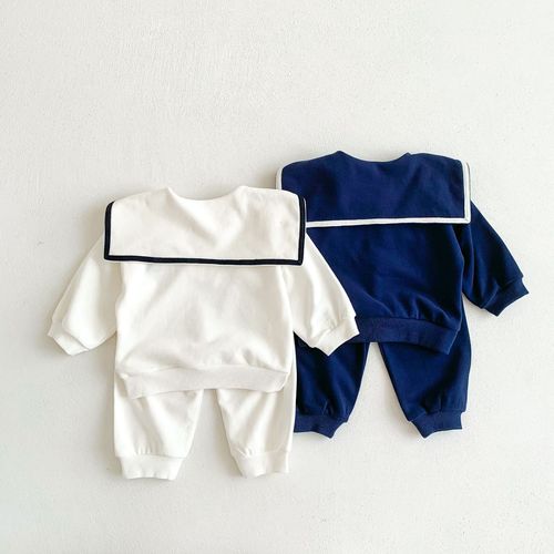 Korean children's clothing 23 autumn baby embroidered navy collar casual sweatshirt suit for boys and girls sports two-piece set