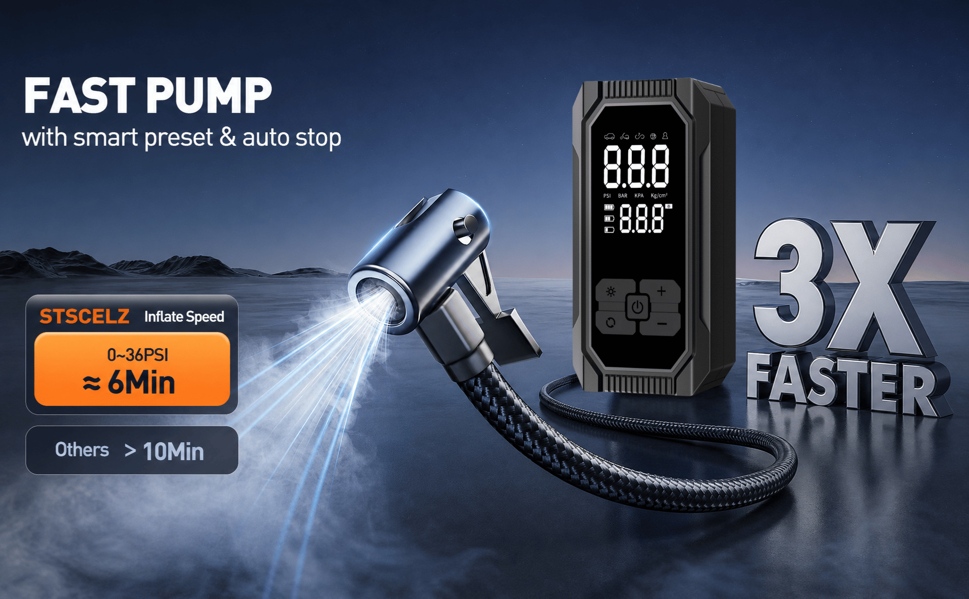 Car emergency jump starter and air pump combo, portable multi-functional digital display air pump for in-car use