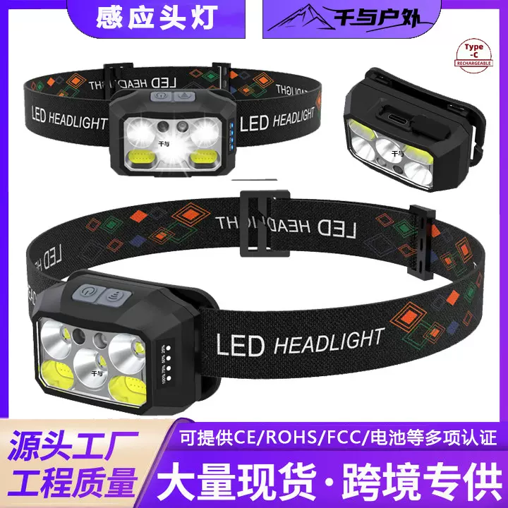 跨境新款LED强光感应头灯Type-c充电头戴式户外夜跑头戴式手电筒