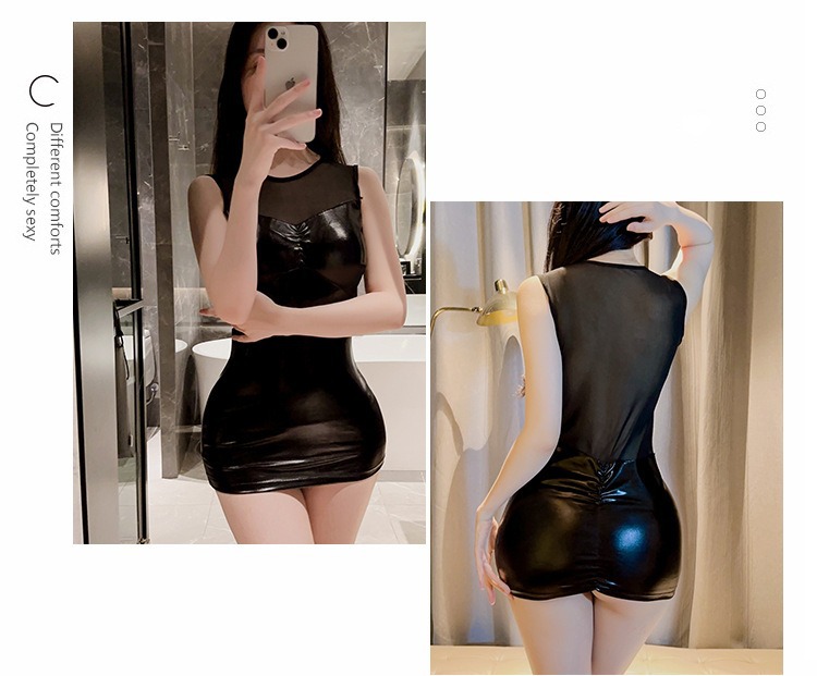 Patent Leather Stitching Mini Skirt Set with Thong, Red One Size Roleplay Lingerie — detail image 6