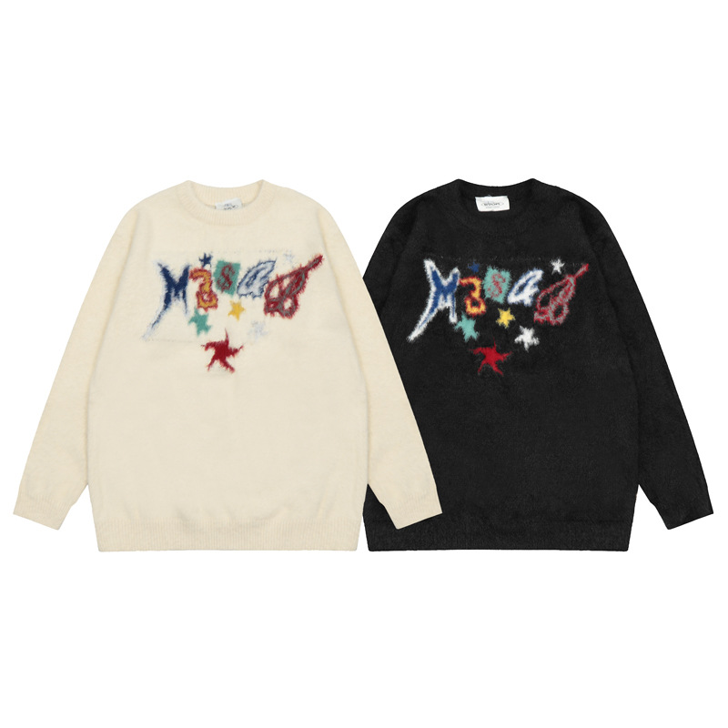Men's Clothing street style colorful letter jacquard loose round neck sweater men's lazy style all-match couple sweater_voghion.com