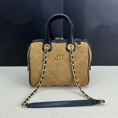 Xiaoxiang 新しいオイルワックス牛革ボウリングバッグボストンバッグ菱形チェーンバッグシングルショルダークロスボディバッグハンドバッグトレンディ