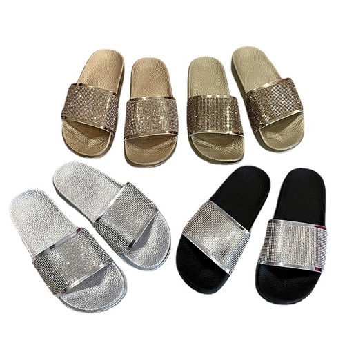Cross-border fashion slippers Europe and the United States hot-selling new rhinestone color women's slippers thick sole comfortable versatile beach shoes wholesale