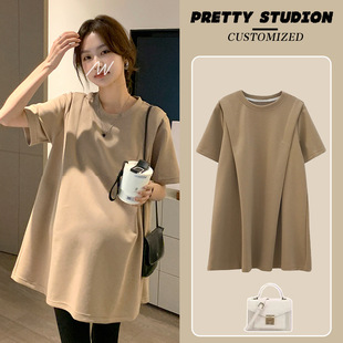 Maternity 2024 Summer Small dress Brown Loose T-Shirt Short Sleeve khaki Summer Skirt