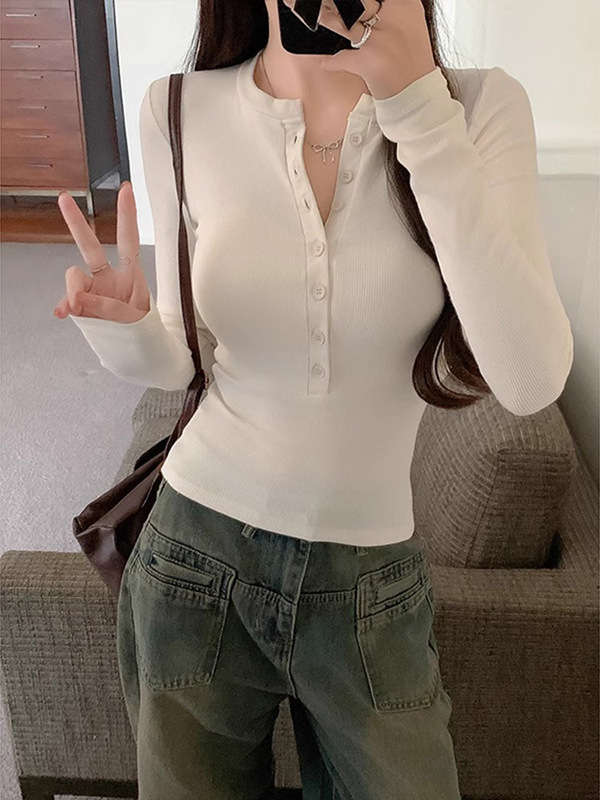 美式辣妹半开圆领纽扣长袖T恤秋季打底衫紧身显瘦内搭打底衫上衣|undefined