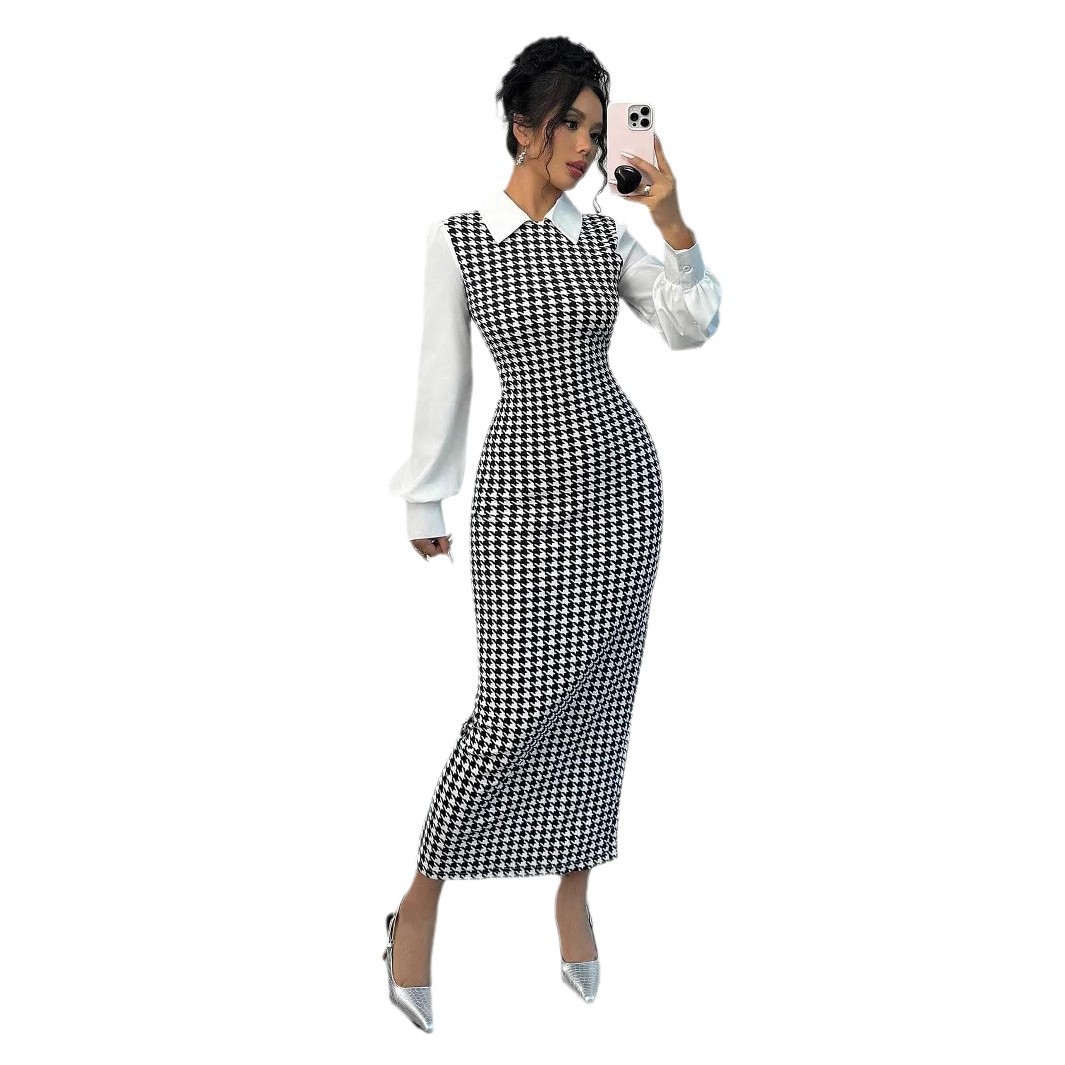 아마존 가을과 겨울 패션 우아한 슬림 퍼프 소매 긴 원피스 유럽과 미국의 국경 하운드 패턴 엉덩이 원피스