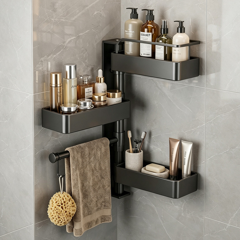 Rotating bathroom shelf, no-drill wall-mounted storage rack for toilet, washbasin, and shower area