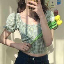 夏季韩版收腰泡泡袖法式短款上衣设计感小众学生格子衬衫女短袖潮