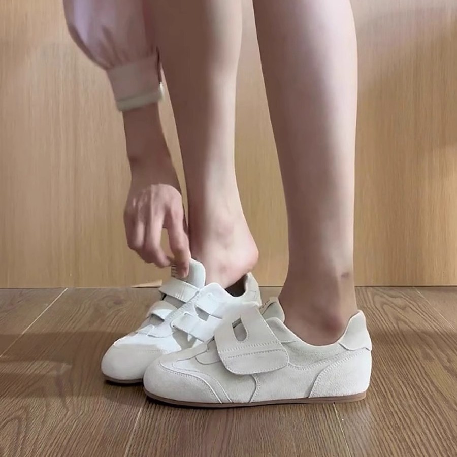 Versión de cuero de vaca ~ retro zapatos de entrenamiento de mujeres nuevos zapatos de cabeza redonda zapatos de placa plana velcro zapatos deportivos casuales para niños