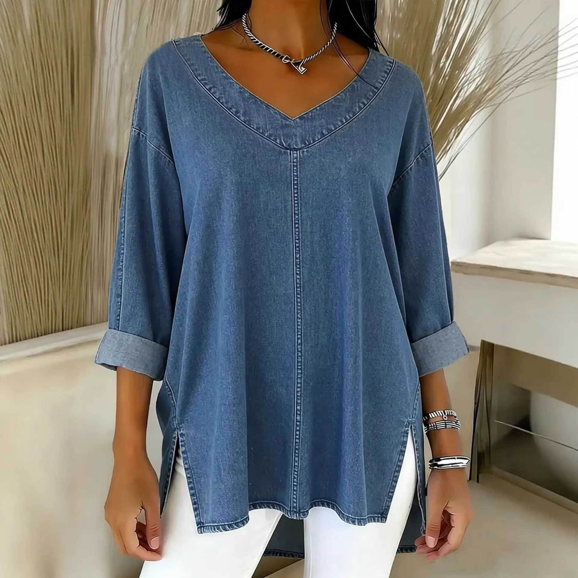 Women's Denim V Neck Top Street Fashion Spring New Arrival_ecoleips.com