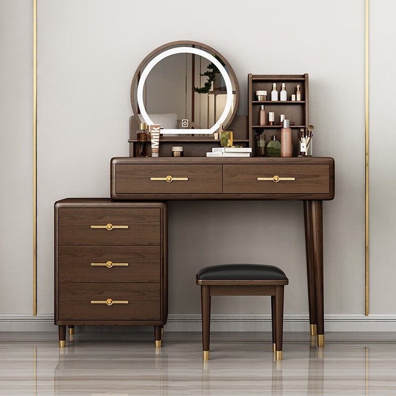 New Chinese Style Solid Wood Dressing Table Bedroom Modern Simple Dressing Table with Light Storage Cabinet Retractable Desk Dressing Table