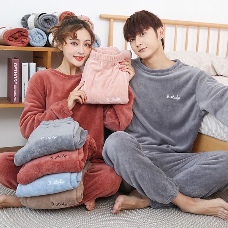 Coral fleece couple pajamas men's and women's winter thickened fleece-lined can be worn outside fairy warm suit home wear two-piece suit Coral fleece couple pajamas men's and women's winter thickened fleece-lined can be worn outside fairy warm suit home wear two-piece suit