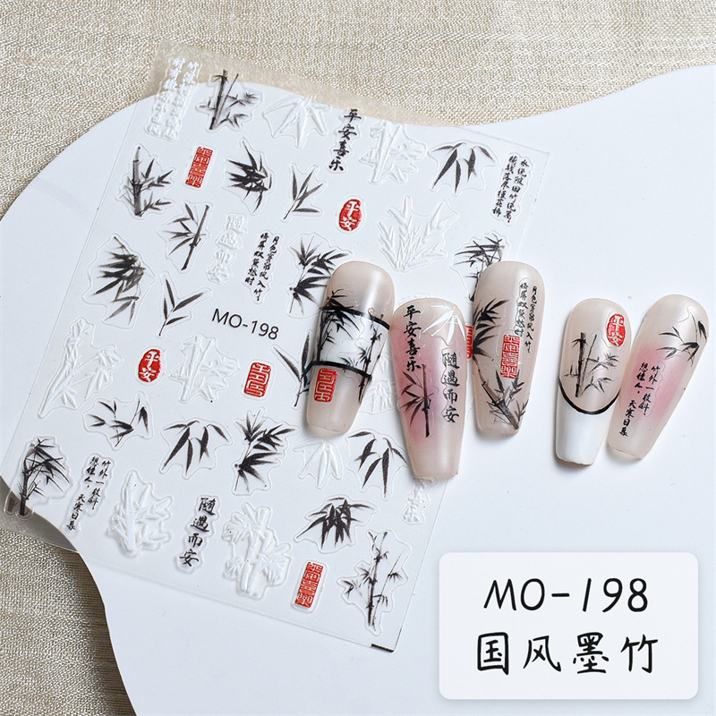 Nueva moda nacional estilo antiguo tinta bambú uñas alivio pegatinas nuevo chino tinta bambú Lovesick frijol rojo 3D uñas pegatinas