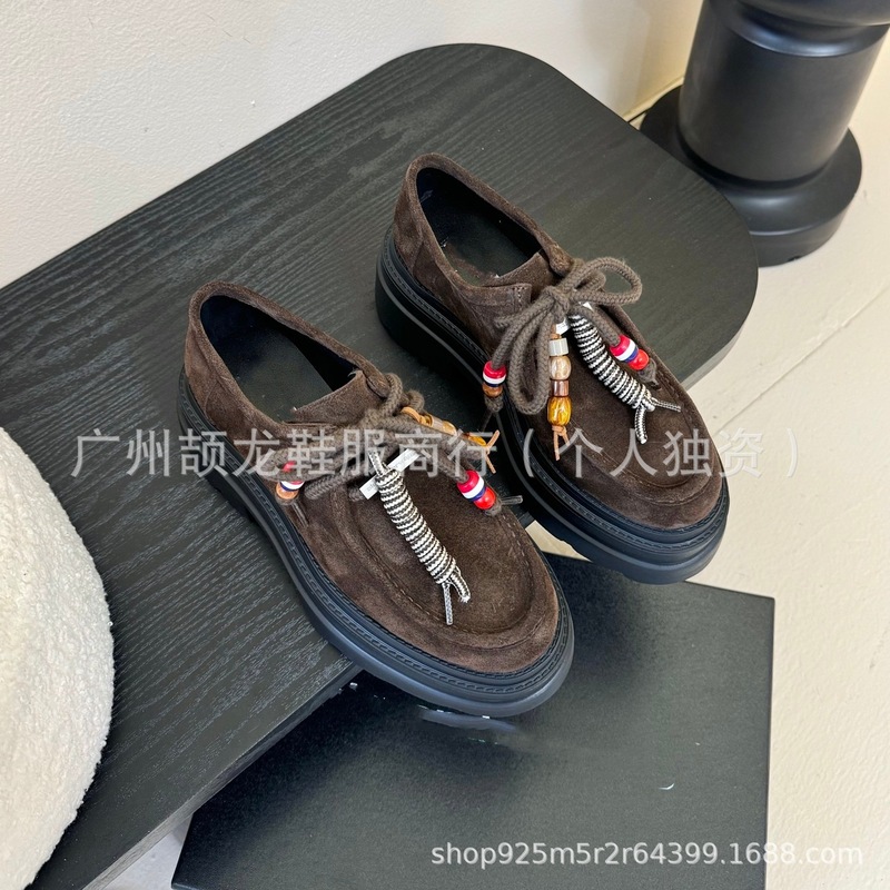 高端2025新款磨砂圆头浅口松糕厚底增高系带百搭时尚乐福鞋单鞋女|undefined