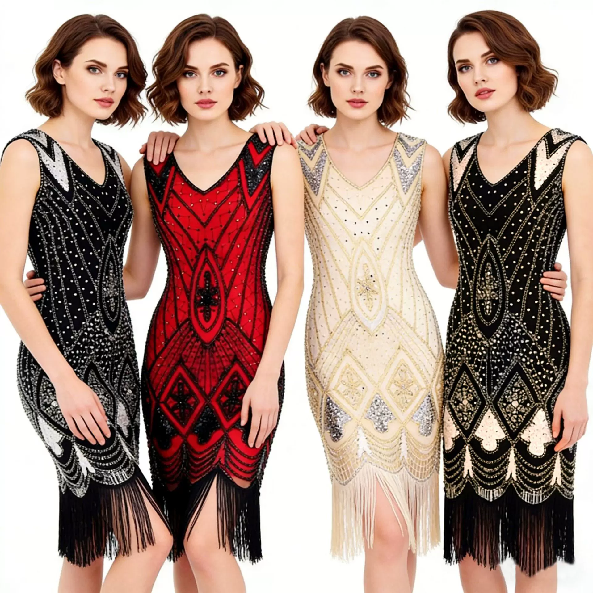 1920S复古风亮片钉珠连衣裙v领 时尚流苏礼服 速卖通亚马逊wish