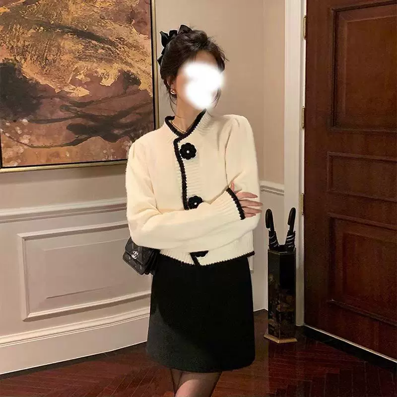 Women's Demi-Season Cardigan, Chanel-Style Chinese Design, White/Black, One Size