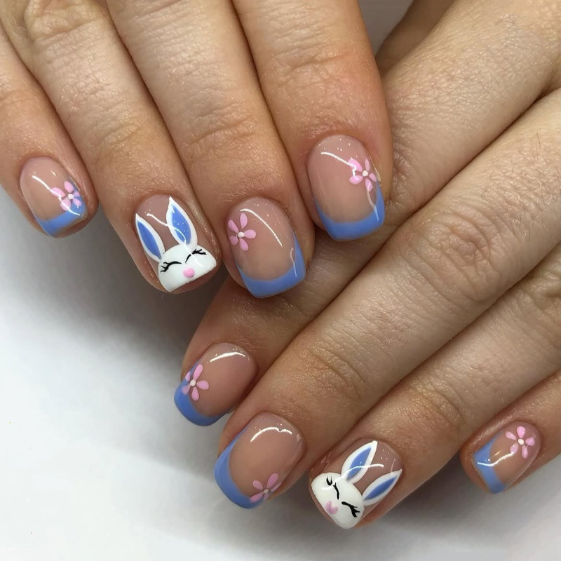 Classic French-Style Blue Manicure Wearable Nails, Simple Rabbit Easter Wearable Nail Pieces, Cross-Border Hot-Selling Fake Nails Classic French-Style Blue Manicure Wearable Nails, Simple Rabbit Easter Wearable Nail Pieces, Cross-Border Hot-Selling Fake Nails