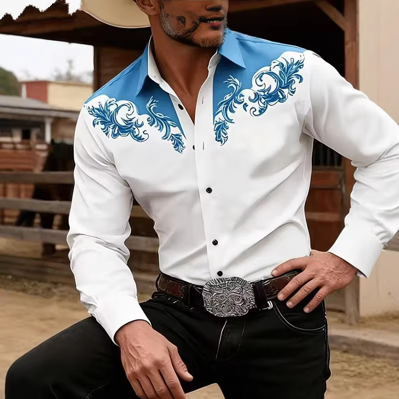 Men's Shirts with Baroque Print, Slim Fit, Contrasting Colors, Long-Sleeved Shirts, Cross-Border Casual Men's European Station Men's Clothing