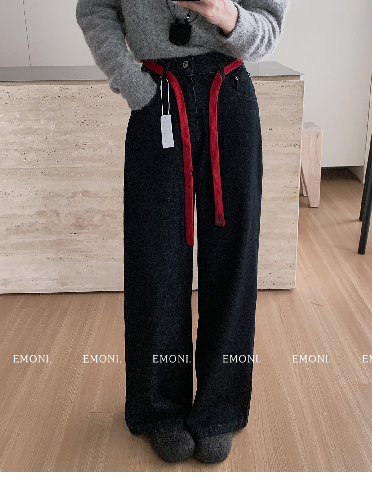 EMONI black and gold fleece jeans with belt for women 2024 Winter new Korean style straight-leg casual pants 63614 pic 6