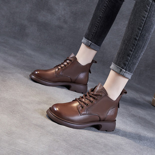 Genuine Leather British Boots for Women V-Mouth Lace-Up Short Boots 2023 Spring & Fall New Lace-Up Ankle-Length Slim Boots for Women