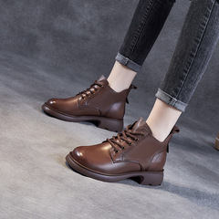 Genuine leather British Martin boots women's V-neck lace-up short boots 2023 spring and autumn new lace-up ankle-length slim boots women's boots