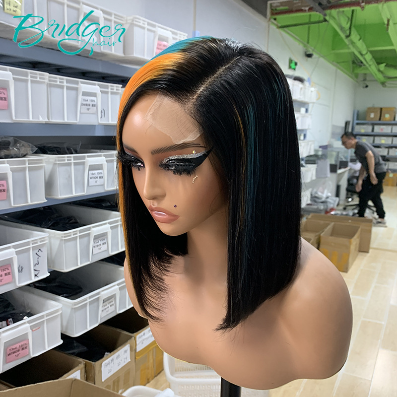 Bob Echthaarperücke Mit Highlights Orange Blau Ohne Lace Front_voghion.com