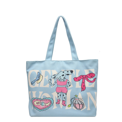 字母印花帆布单肩包包女大容量卡通托特包可爱少女通勤手提包跨境