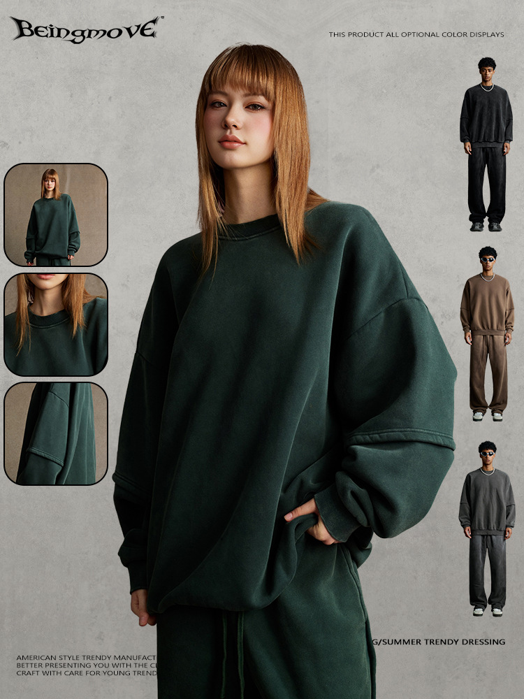 Calle secada| 2025 otoño simple estilo de calle marca de lavado de agua pesado falso dos piezas de cuello redondo con camisa de terciopelo para hombre