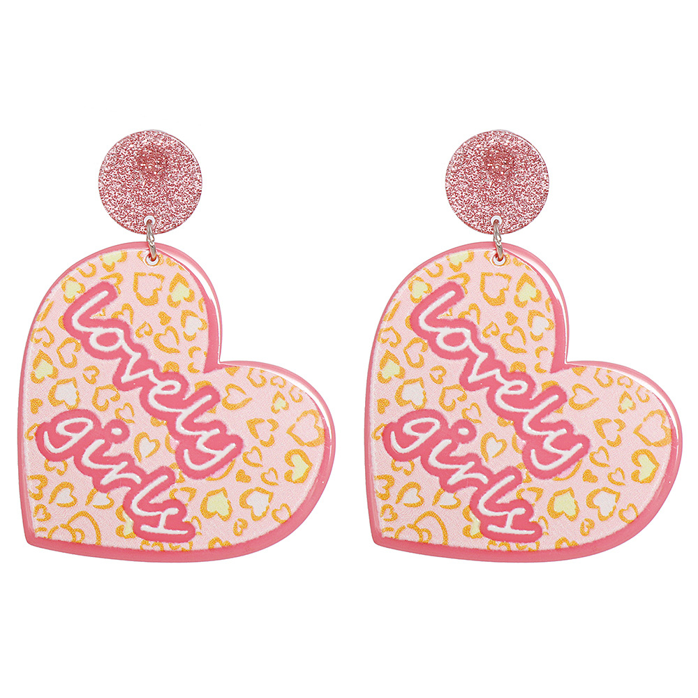 Fashion Pink Acrylic Sheet Heart-shaped English Earrings